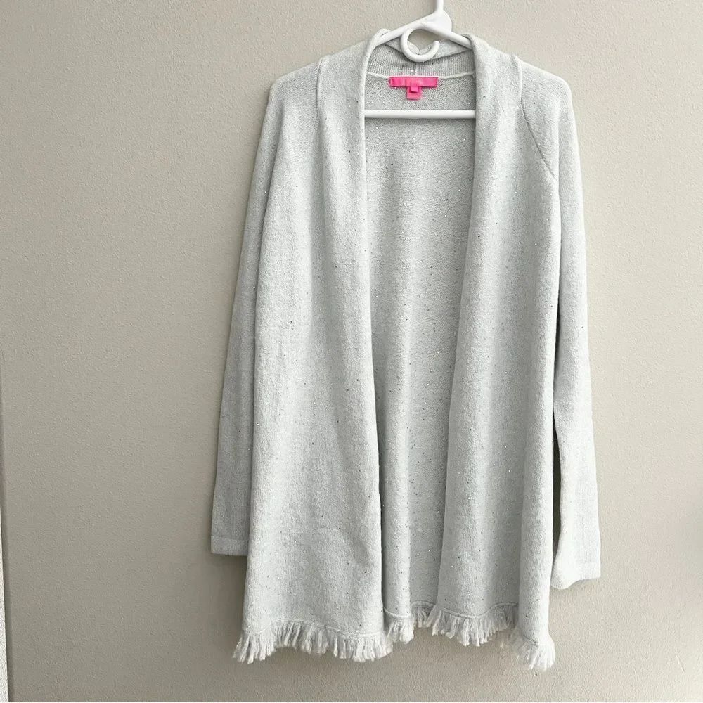 Lilly Pulitzer Tatum Sequin Fringe-Trim Cardigan Women’s Size Large Gray Sparkle